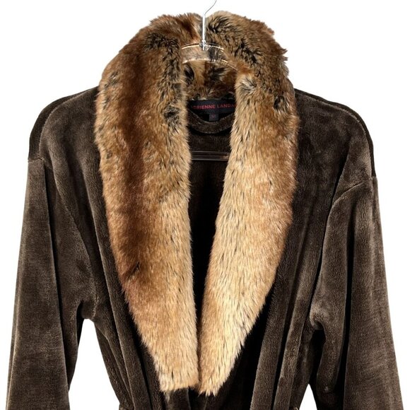 Adrienne Landau Womens L Faux Fox Fur Trim Robe Belted Cozy Plush Quiet Luxury - Picture 3 of 13